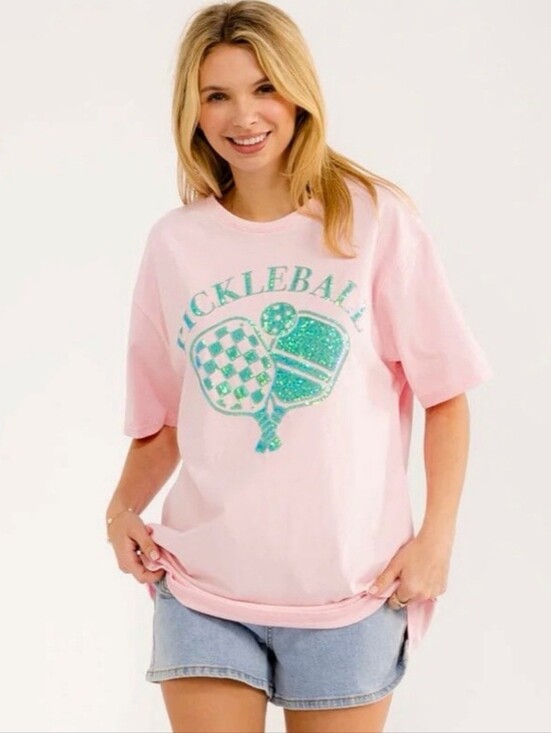 Fantastic Fawn Tops - 🩷NWOT/NIP Fantastic Fawn "Pink🩷 Pickleball Sequin✨ Graphic T-Shirt" Sz Large🩷